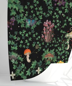 Midnight Forest Watercolor Shower Curtain, Botanical Fairy Tale Bathroom Decor with Waterproof Fabric