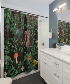 Midnight Forest Watercolor Shower Curtain, Botanical Fairy Tale Bathroom Decor with Waterproof Fabric