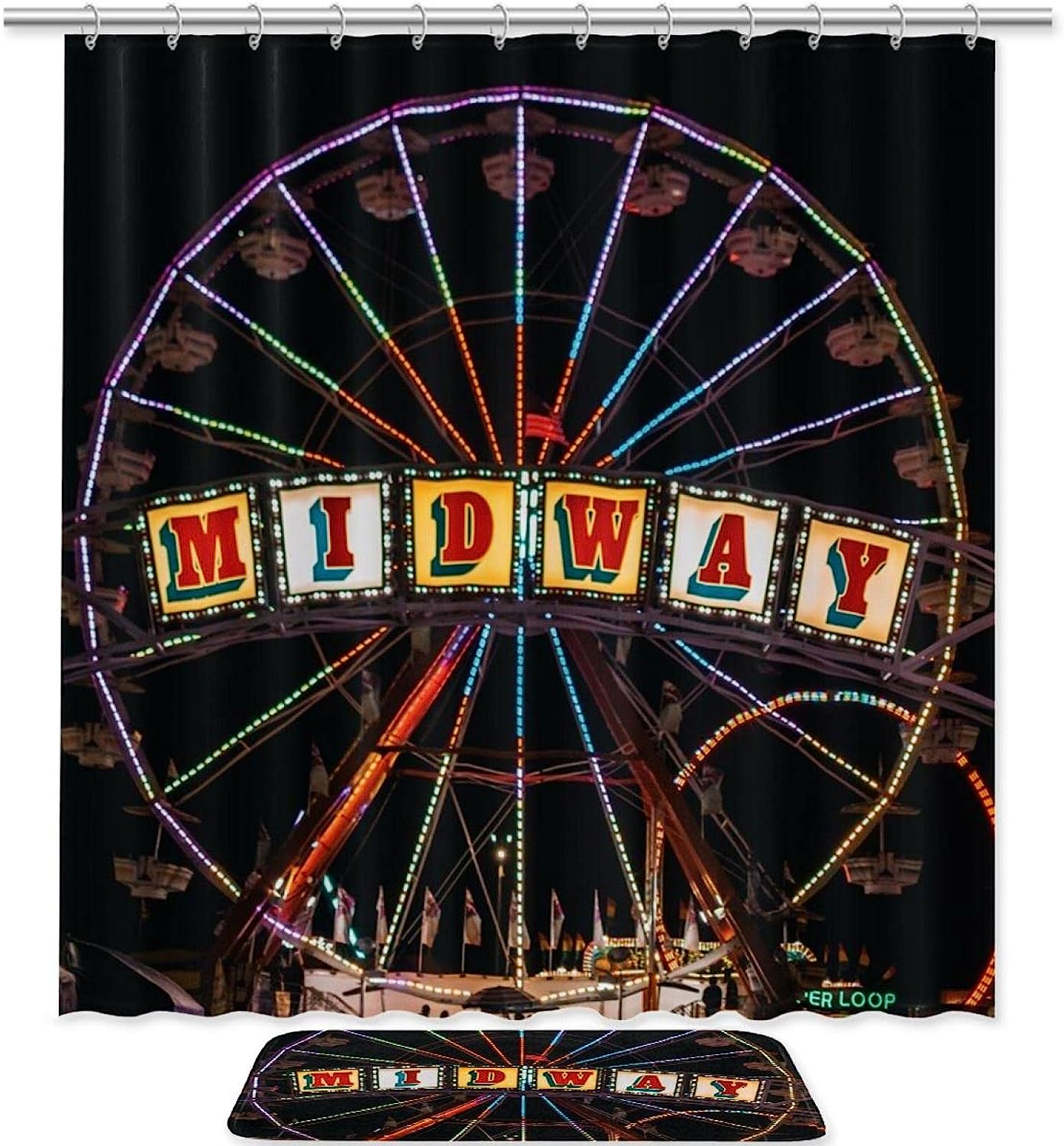 Midway Ferris Wheel Printed Bathroom Tub Set With Waterproof Fabric Shower Curtain