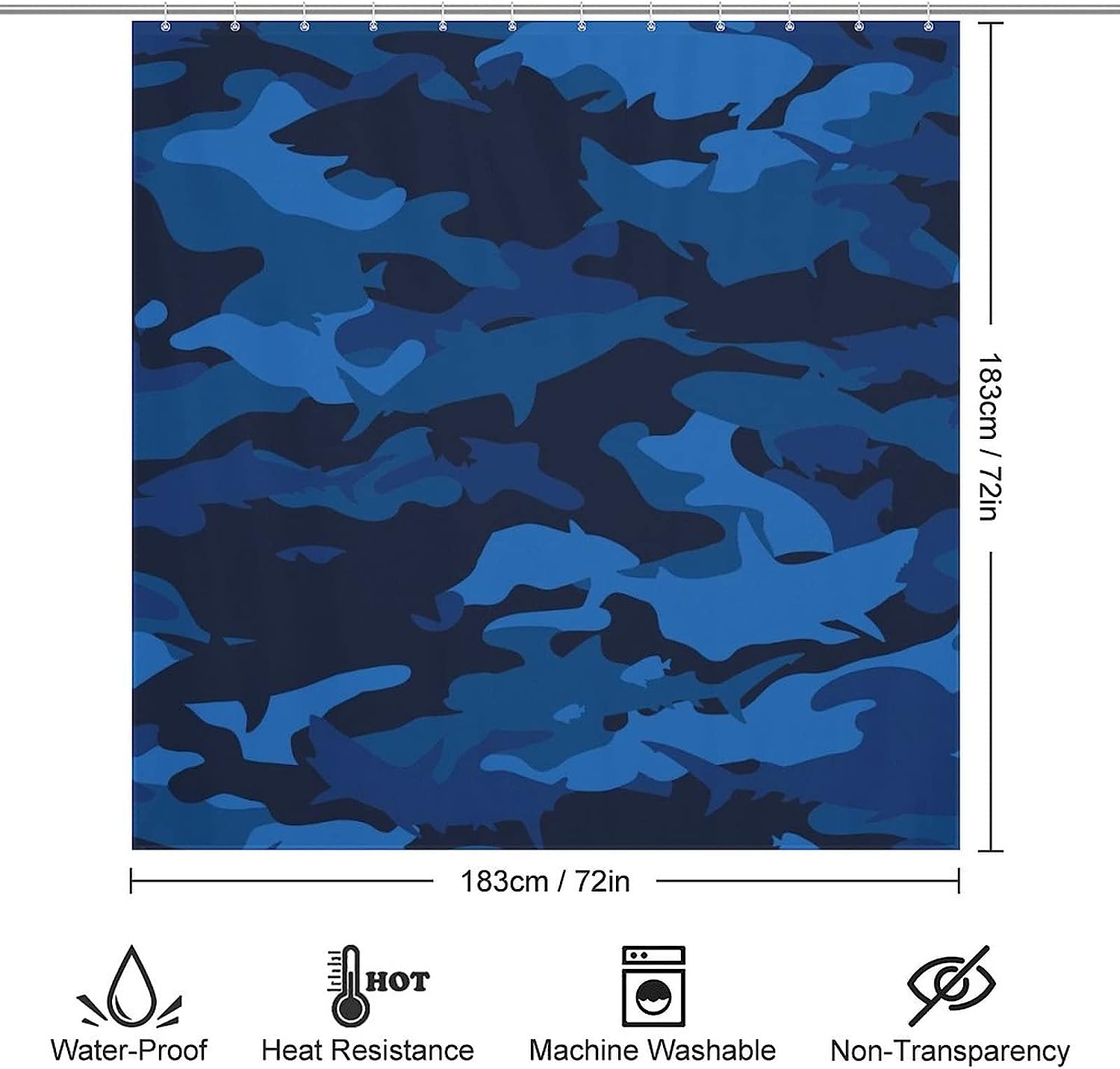 Military Shark Shower Curtain, Waterproof Bath Accessory with Metal Grommet Holes and Unique Print