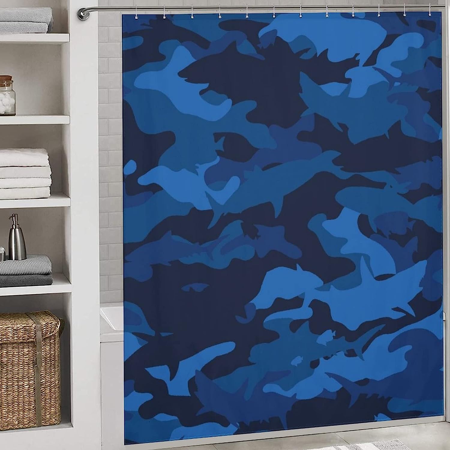Military Shark Shower Curtain, Waterproof Bath Accessory with Metal Grommet Holes and Unique Print