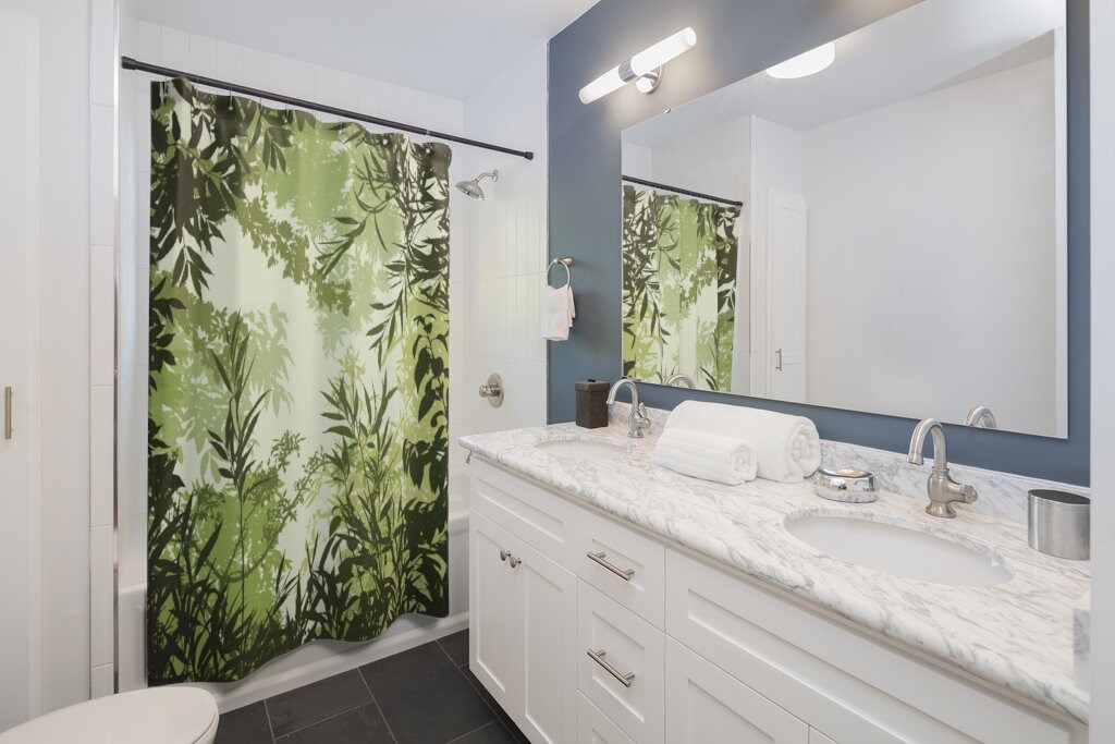 Mindfulness Tropical Shower Curtain with Peaceful Green Rainforest Design for zen Bathroom Decor