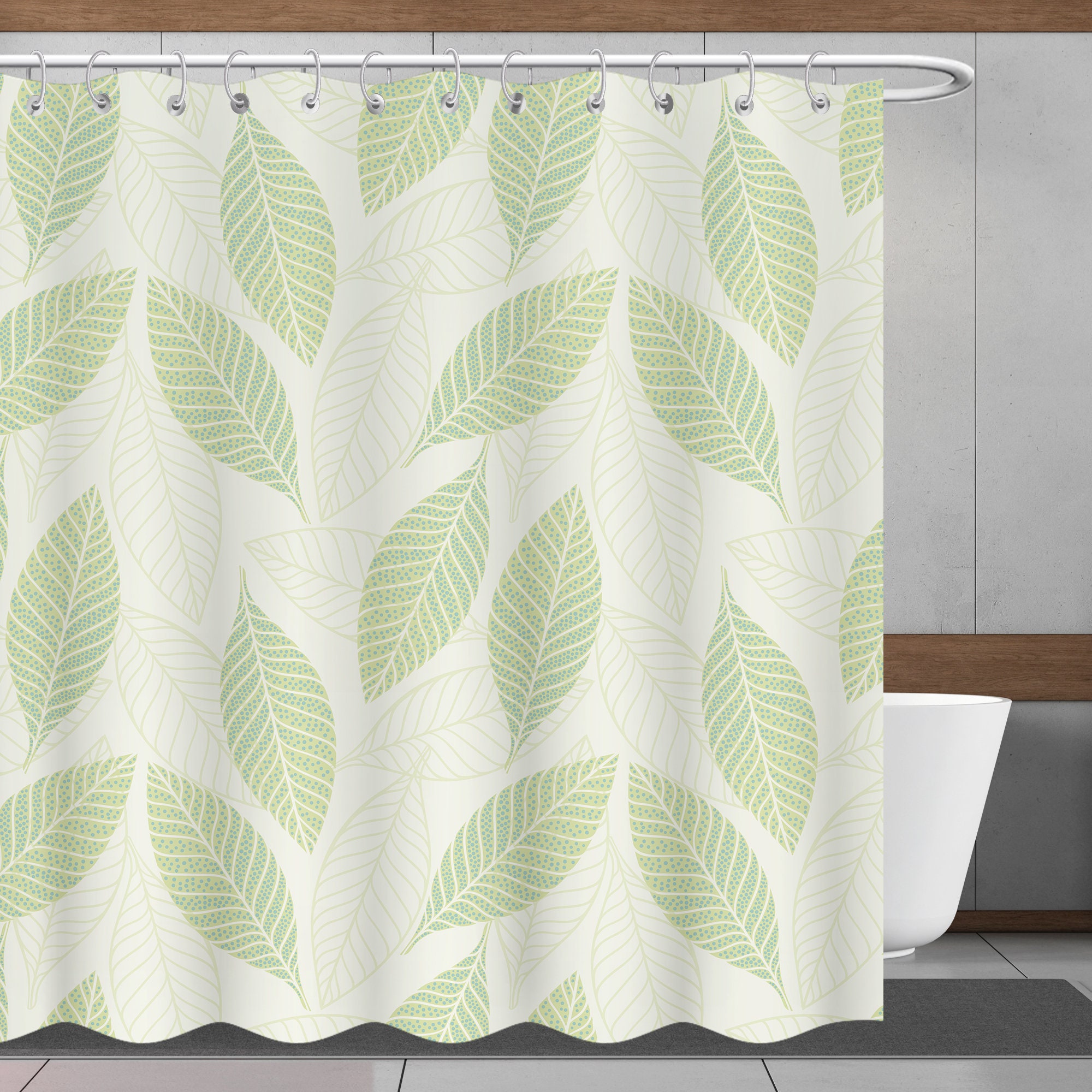 Minimalism Shower Decor with Spring Green Leaf Bathroom Curtain