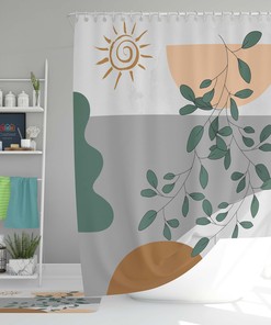 Minimalist Abstract Fabric Shower Curtain With Green Leaves And Sun Prints For Your Bathroom 