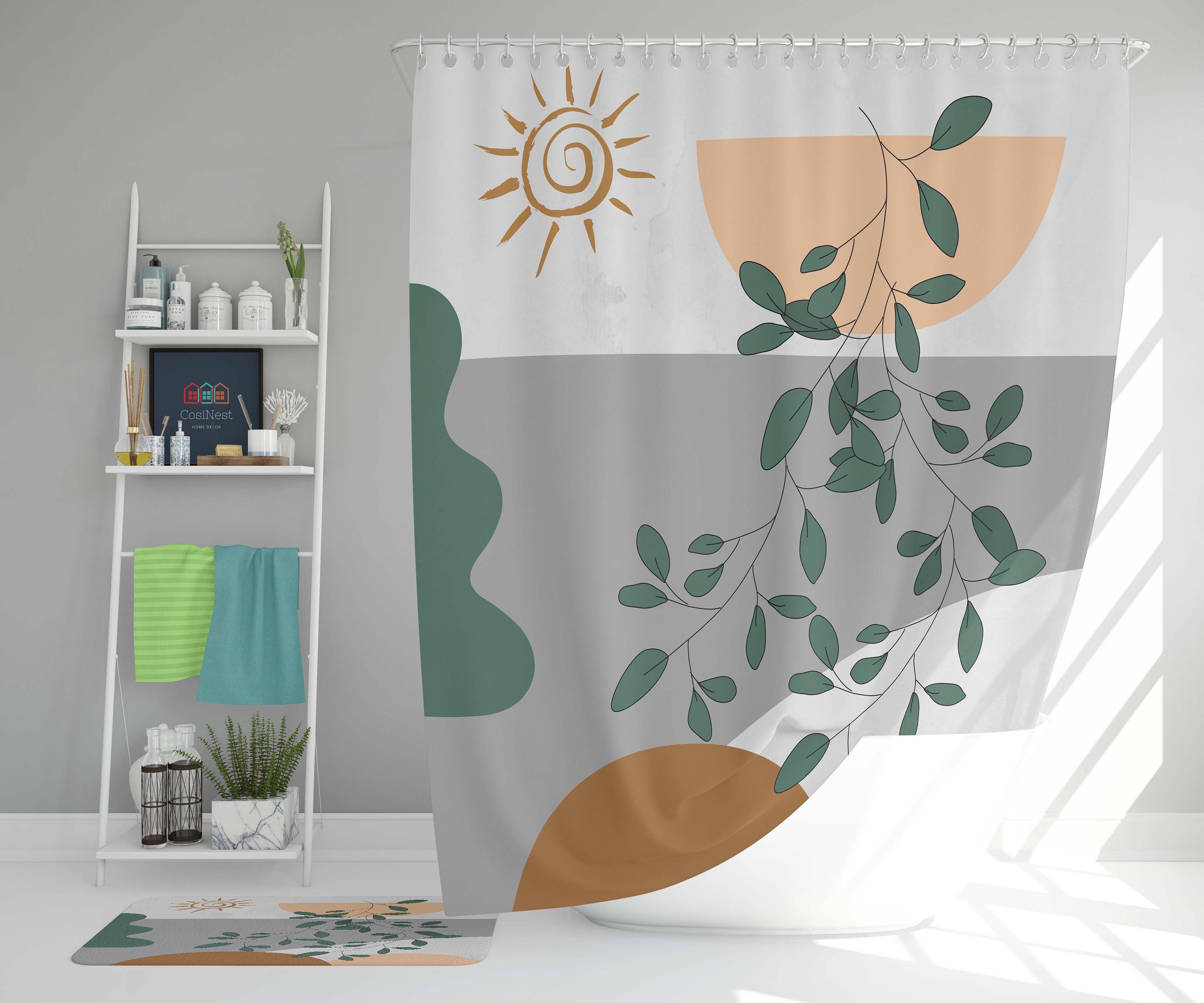 Minimalist Abstract Fabric Shower Curtain With Green Leaves And Sun Prints For Your Bathroom