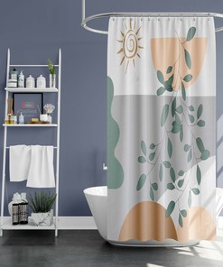 Minimalist Abstract Fabric Shower Curtain With Green Leaves And Sun Prints For Your Bathroom