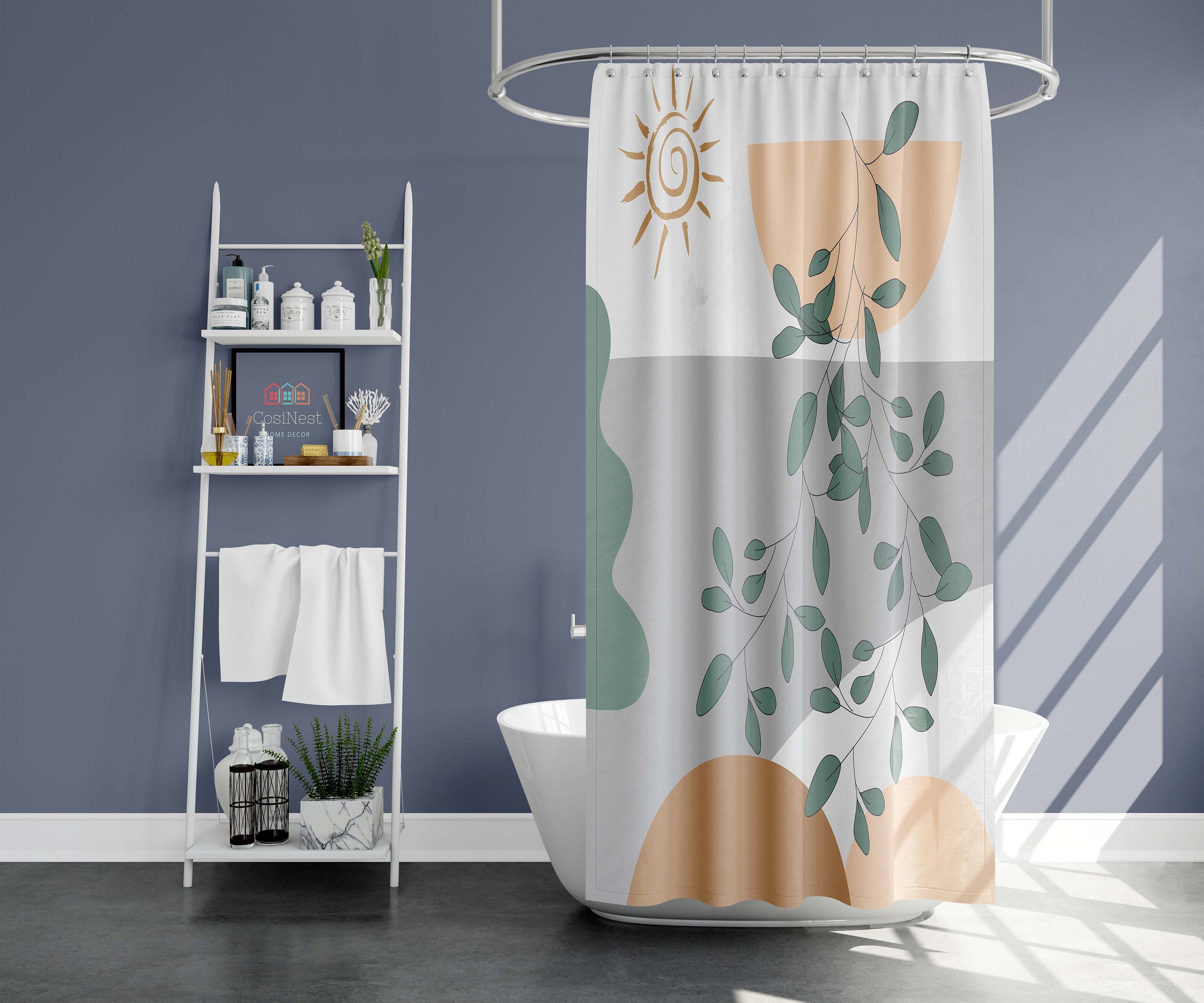 Minimalist Abstract Fabric Shower Curtain With Green Leaves And Sun Prints For Your Bathroom