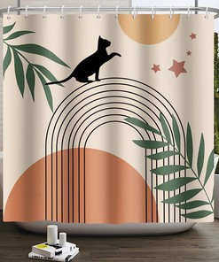 Minimalist Arch Sun with Cat Plant Leaves Fabric Boho Shower Curtain for Bathroom Decor