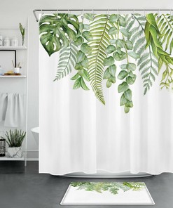 Minimalist Art Green Leaf Tropical Plant Shower Curtain for Modern Bathroom Decor