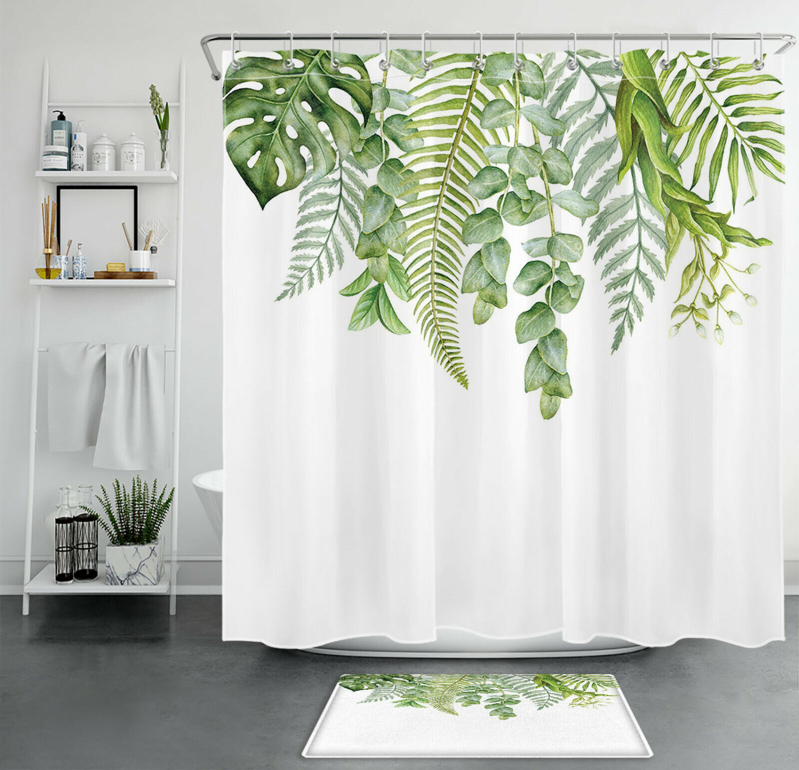 Minimalist Art Green Leaf Tropical Plant Shower Curtain for Modern Bathroom Decor
