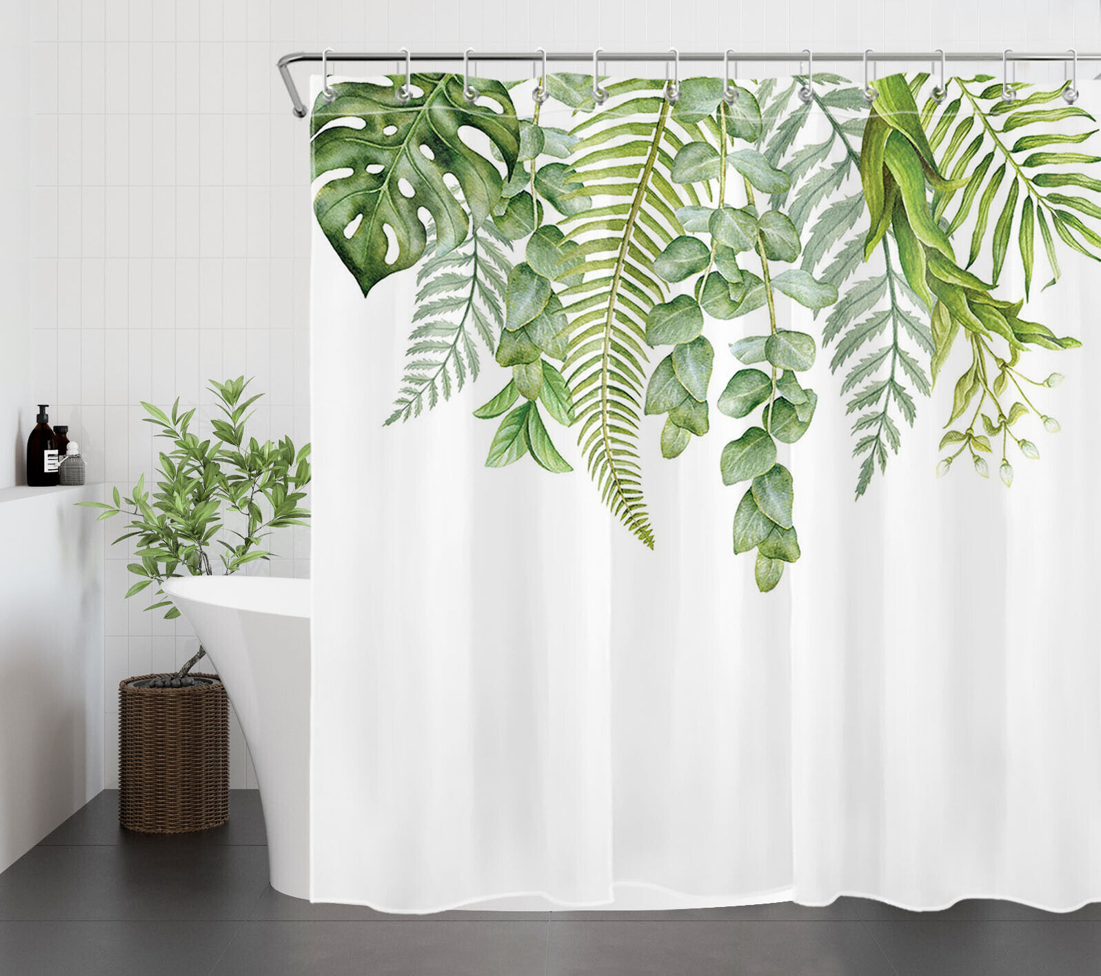 Minimalist Art Green Leaf Tropical Plant Shower Curtain for Modern Bathroom Decor