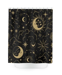 Minimalist Black and Gold Sun x Moon Shower Curtain for Modern Bathroom Decor