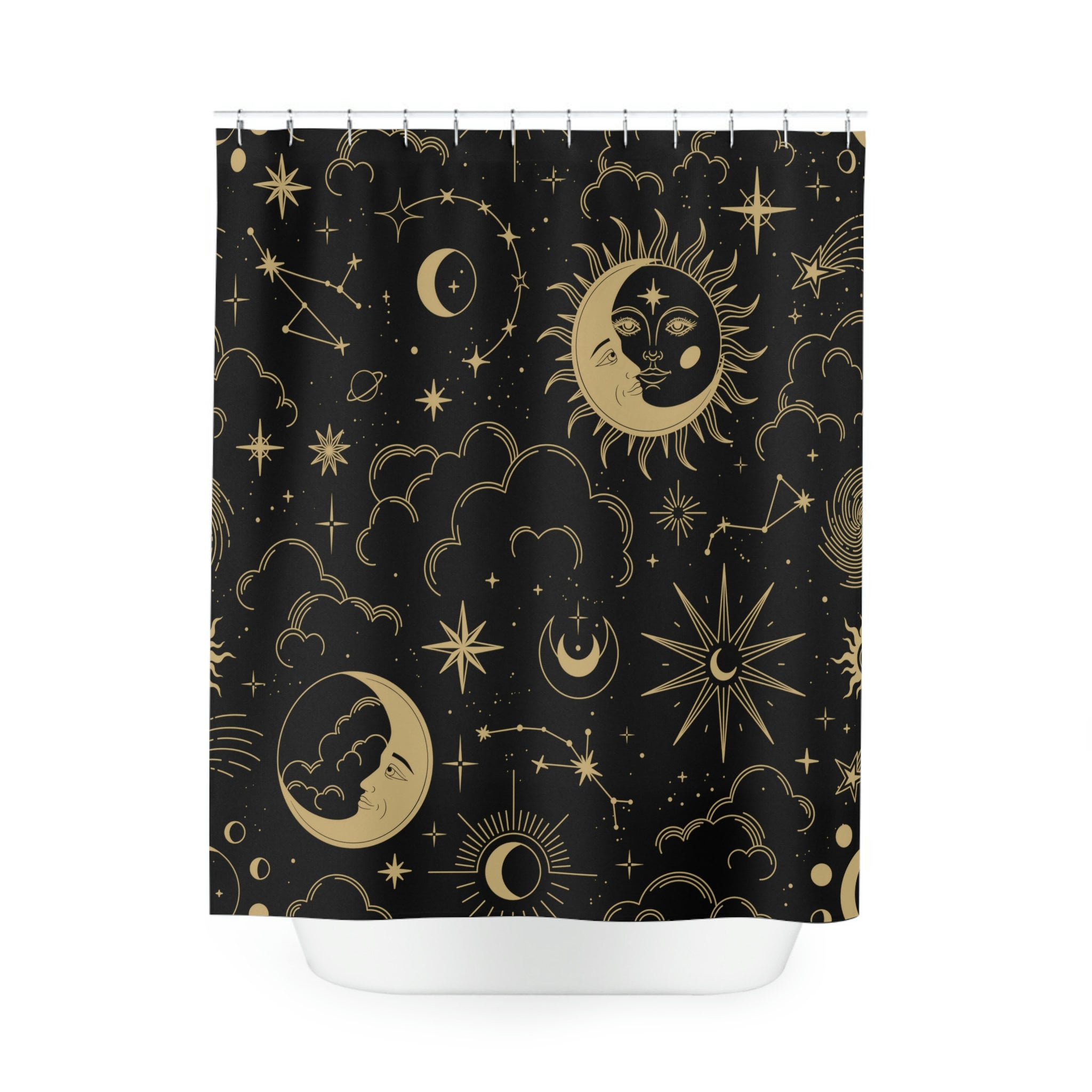 Minimalist Black and Gold Sun x Moon Shower Curtain for Modern Bathroom Decor