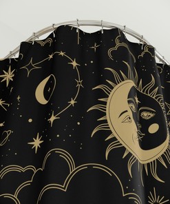 Minimalist Black and Gold Sun x Moon Shower Curtain for Modern Bathroom Decor