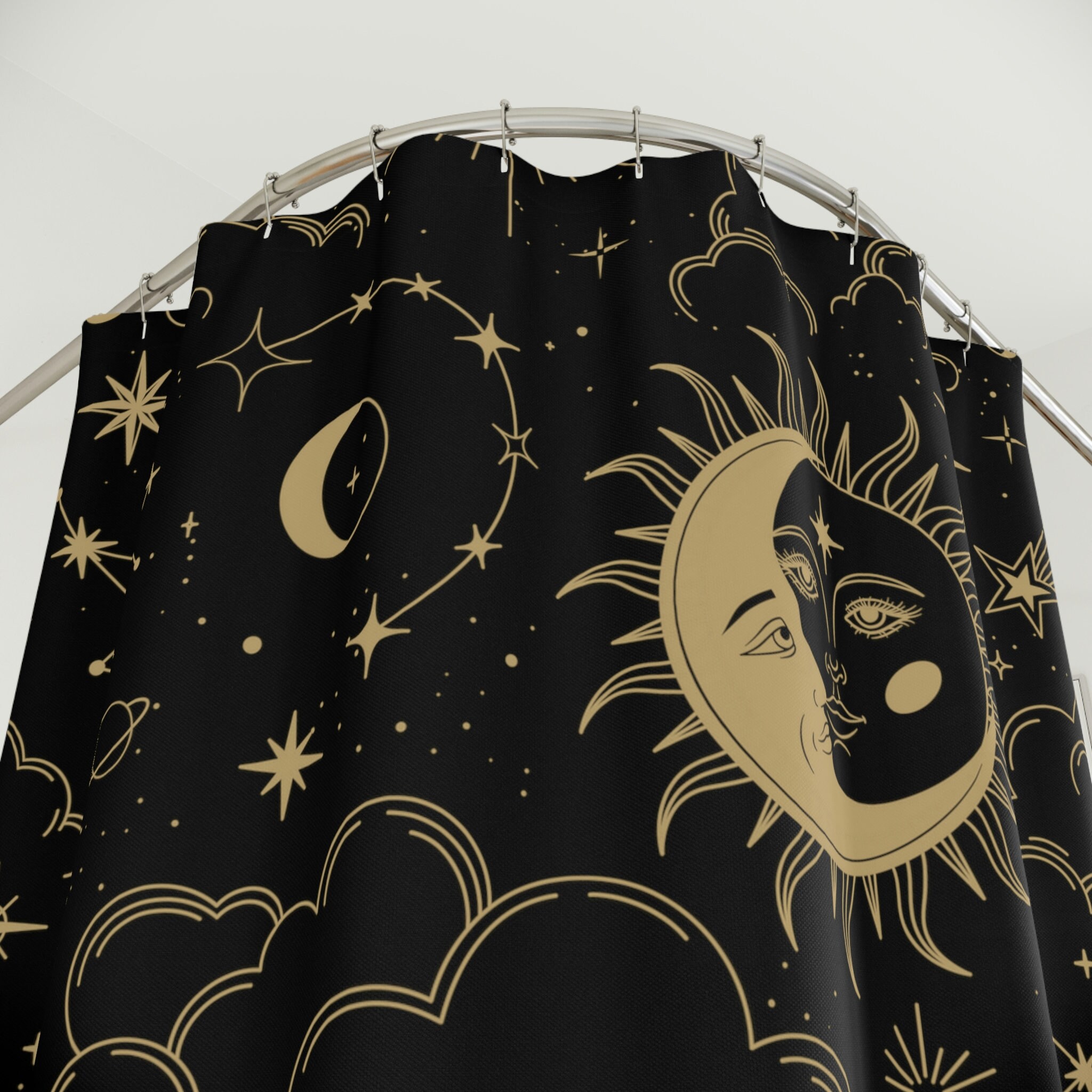 Minimalist Black and Gold Sun x Moon Shower Curtain for Modern Bathroom Decor