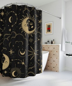 Minimalist Black and Gold Sun x Moon Shower Curtain for Modern Bathroom Decor