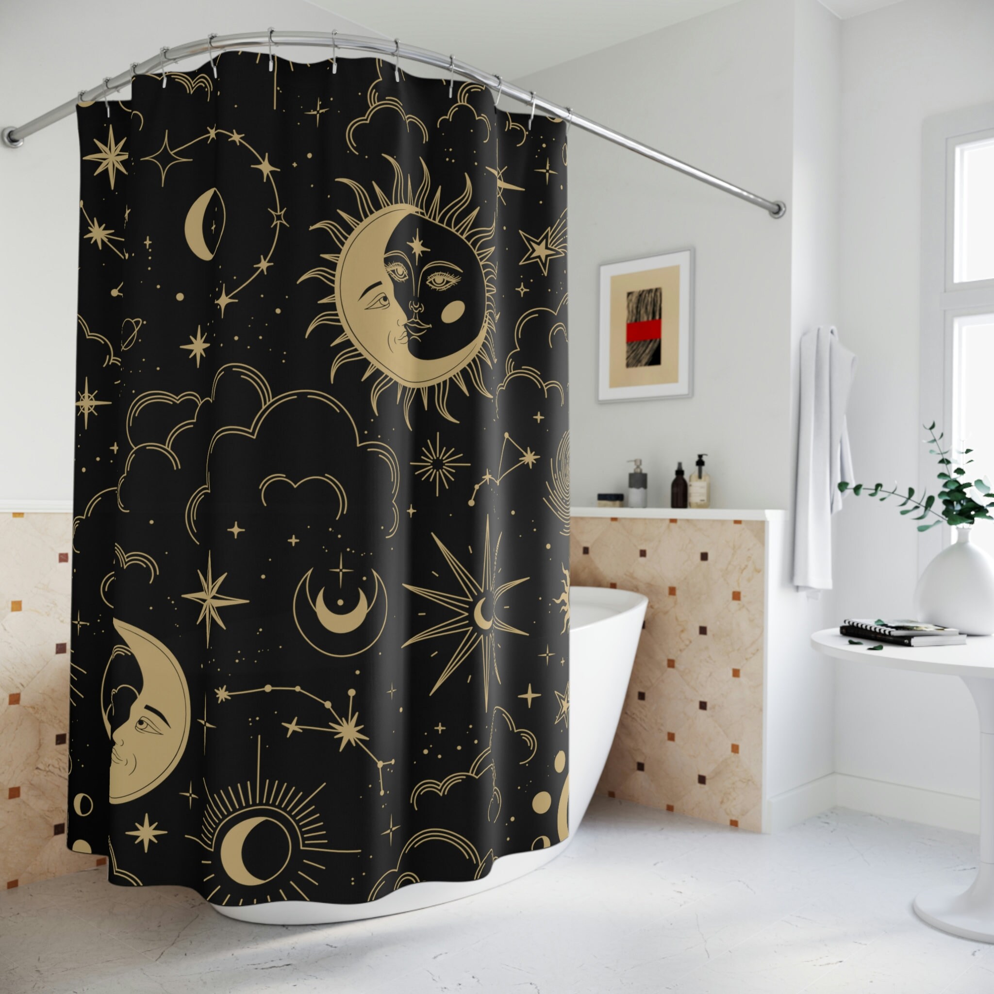 Minimalist Black and Gold Sun x Moon Shower Curtain for Modern Bathroom Decor
