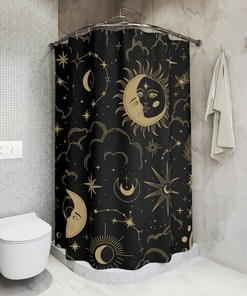 Minimalist Black and Gold Sun x Moon Shower Curtain for Modern Bathroom Decor