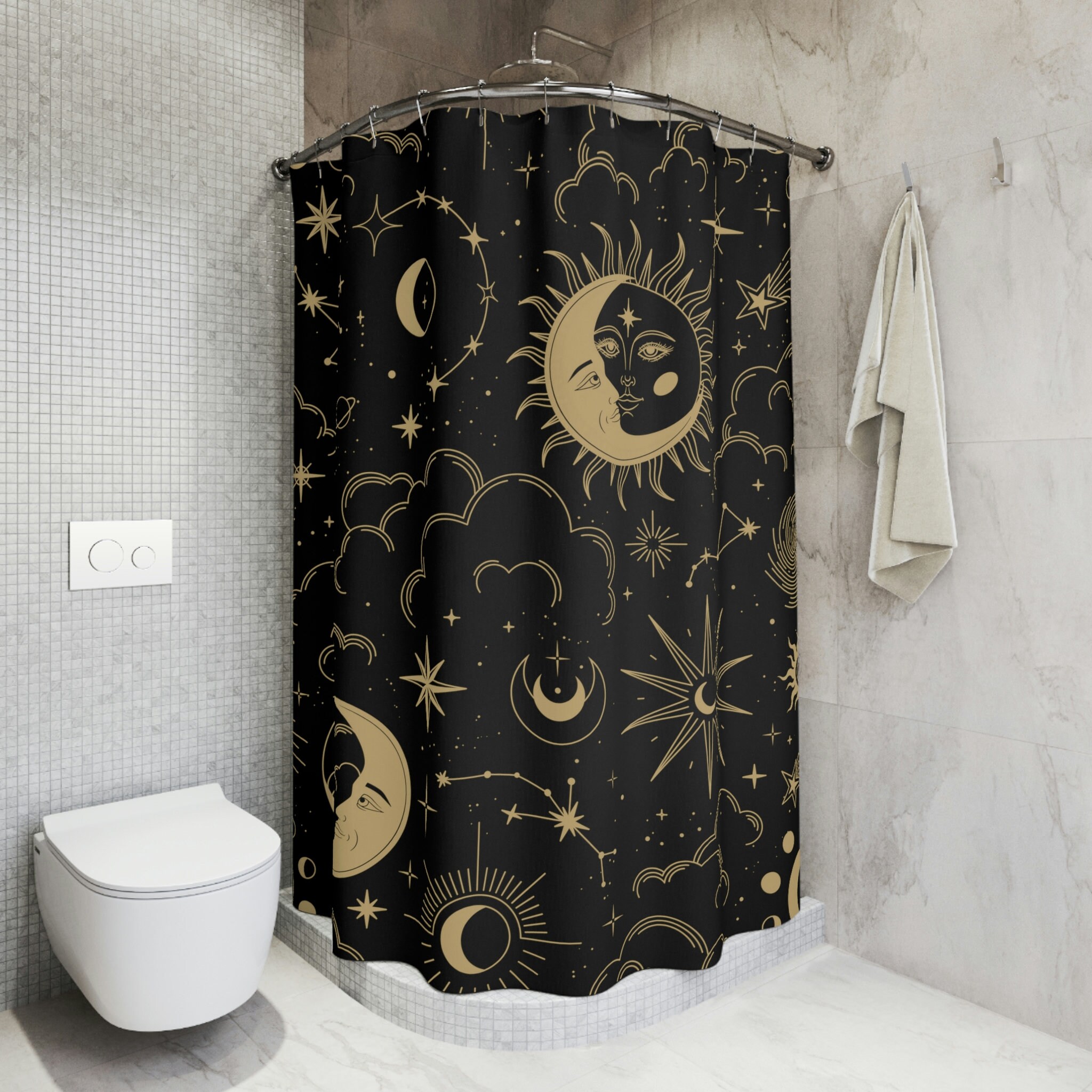Minimalist Black and Gold Sun x Moon Shower Curtain for Modern Bathroom Decor