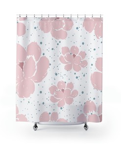 Minimalist Boho Shower Curtain Featuring Pink Floral Botanical Pattern For Calming Bathroom Decor