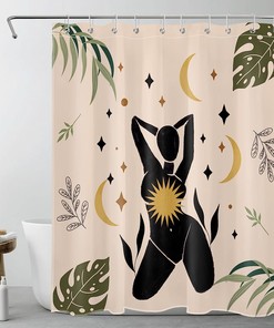 Minimalist Boho Sun Moon and Plants Afro Lady Shower Curtain for Modern Bathroom