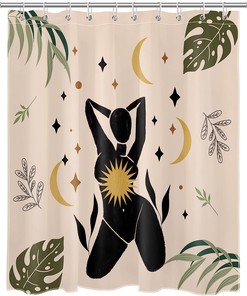Minimalist Boho Sun Moon and Plants Afro Lady Shower Curtain for Modern Bathroom