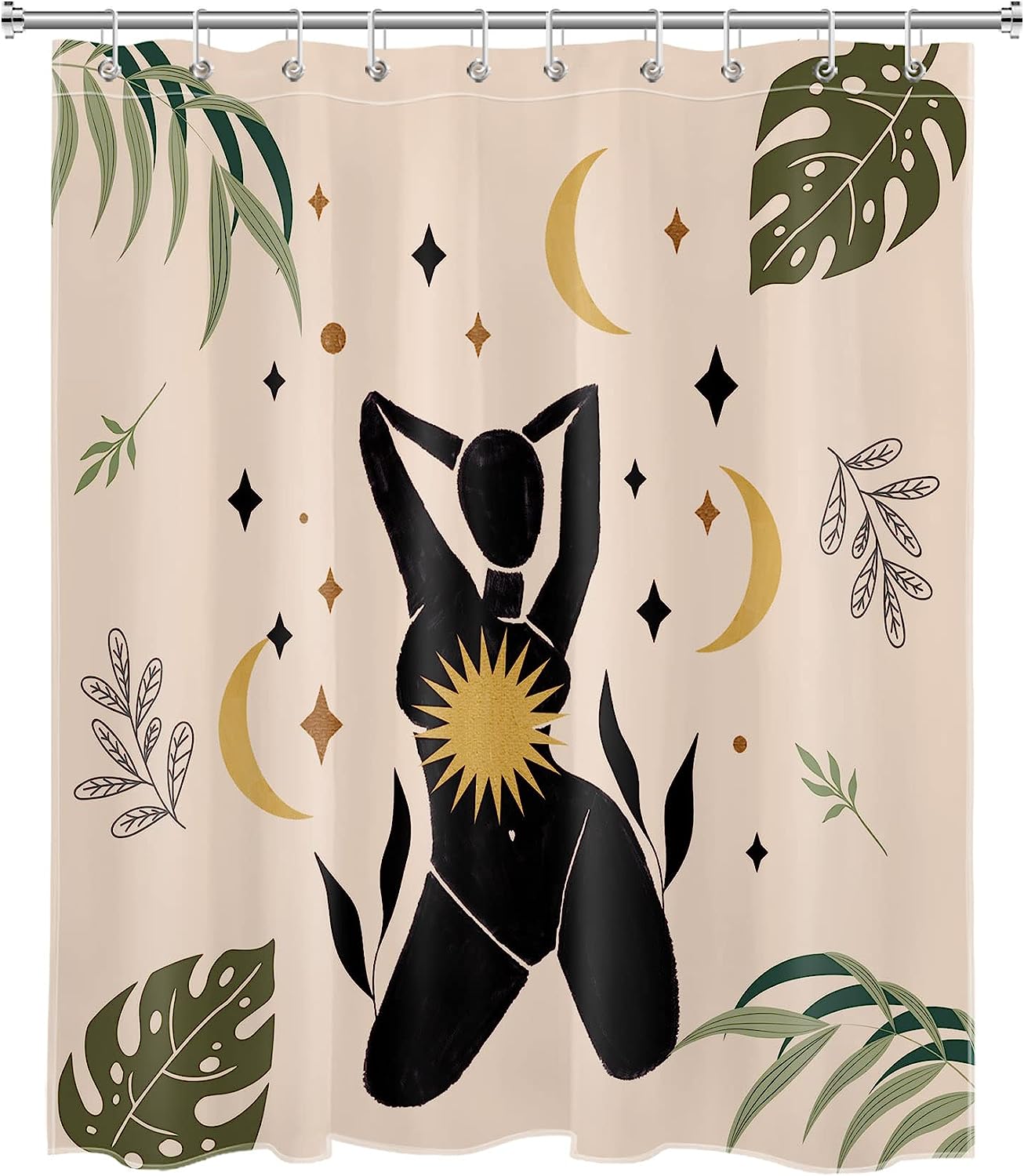 Minimalist Boho Sun Moon and Plants Afro Lady Shower Curtain for Modern Bathroom