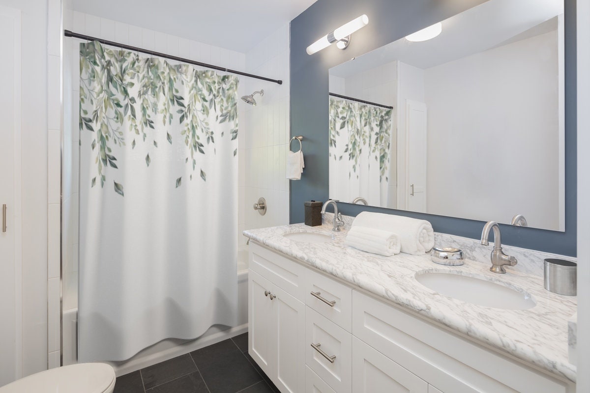 Minimalist Botanical Shower Curtain With Green Leaves And Modern Prints For Your Bathroom