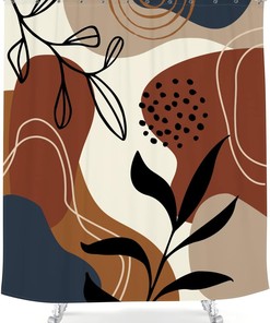 Minimalist Brown Leaves and Geometric Art Printed Waterproof Fabric Shower Curtain