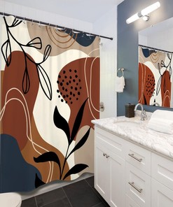 Minimalist Brown Leaves and Geometric Art Printed Waterproof Fabric Shower Curtain