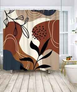 Minimalist Brown Leaves and Geometric Art Printed Waterproof Fabric Shower Curtain
