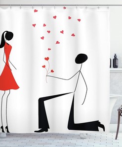 Minimalist Engagement Shower Curtain - Cloth Fabric Bathroom Decor In Black White And Red