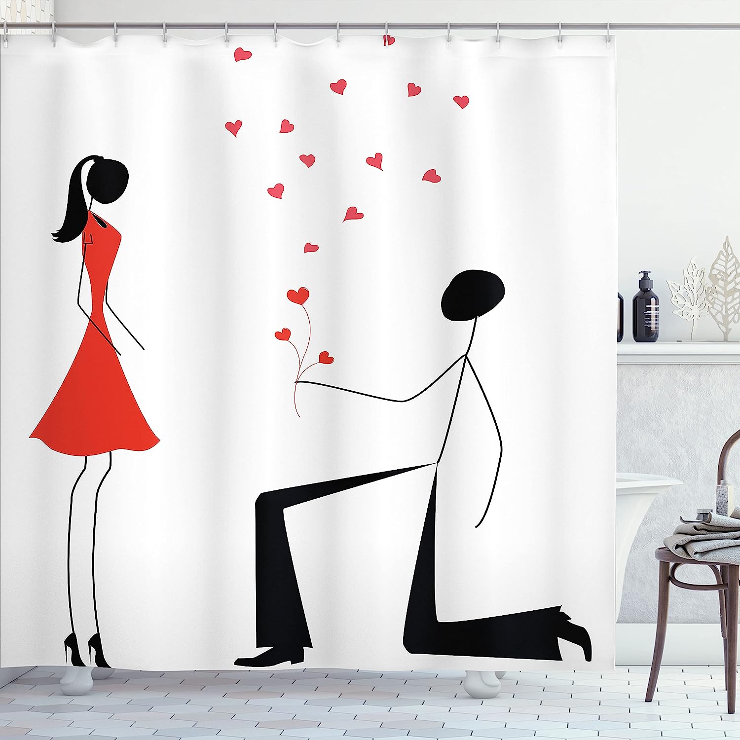 Minimalist Engagement Shower Curtain - Cloth Fabric Bathroom Decor In Black White And Red