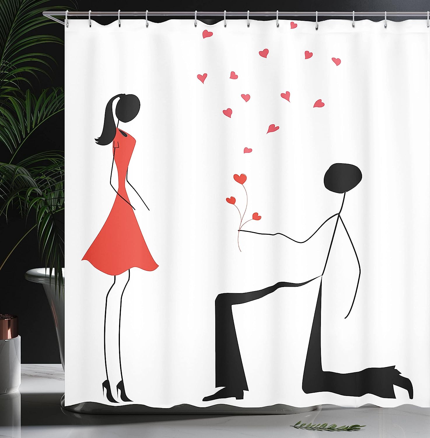 Minimalist Engagement Shower Curtain - Cloth Fabric Bathroom Decor In Black White And Red - Image 3