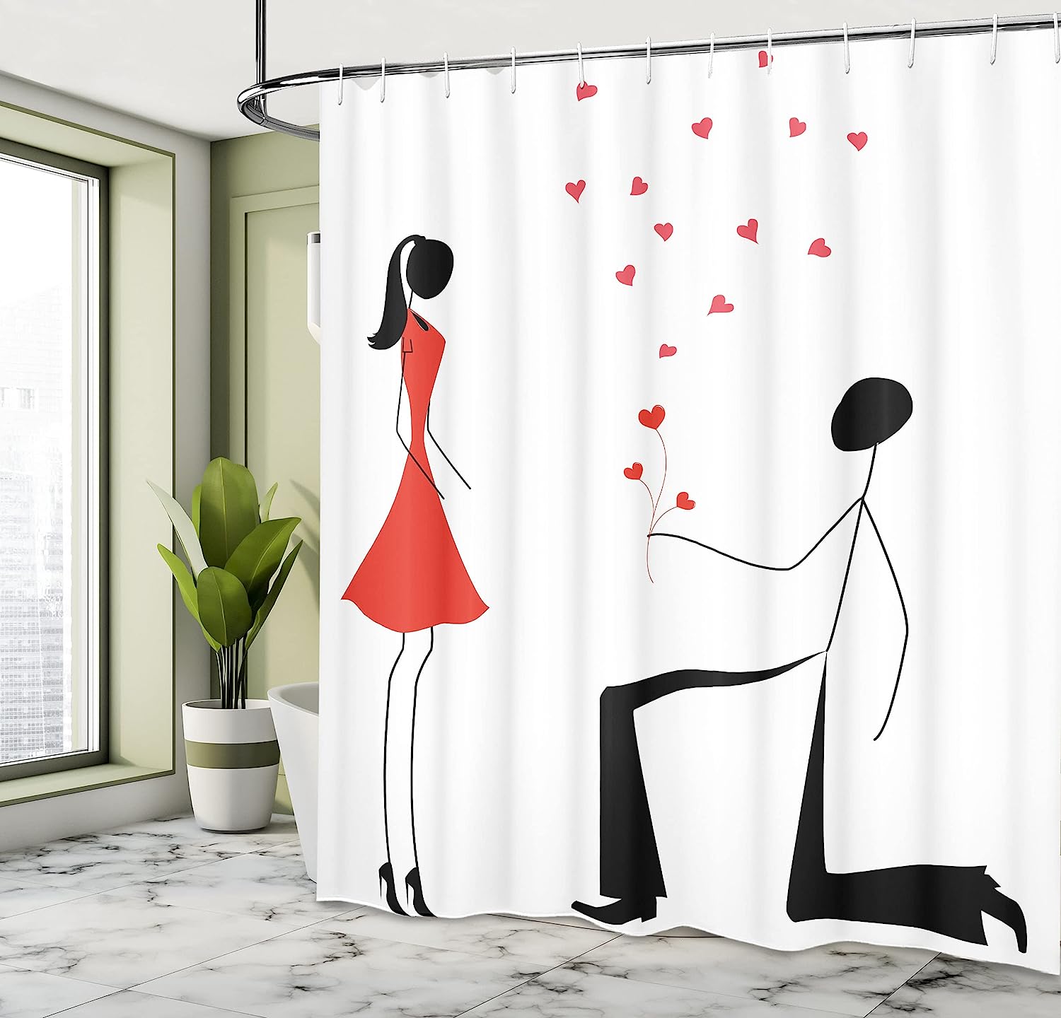 Minimalist Engagement Shower Curtain - Cloth Fabric Bathroom Decor In Black White And Red - Image 4