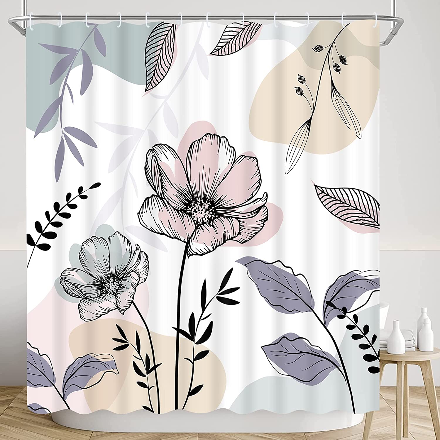 Minimalist Flower Abstract Shower Curtain With Mid Century Modern Design For Stylish Bathroom Decor