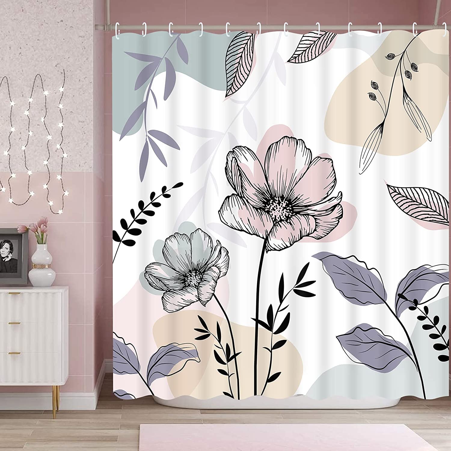 Minimalist Flower Abstract Shower Curtain With Mid Century Modern Design For Stylish Bathroom Decor - Image 2