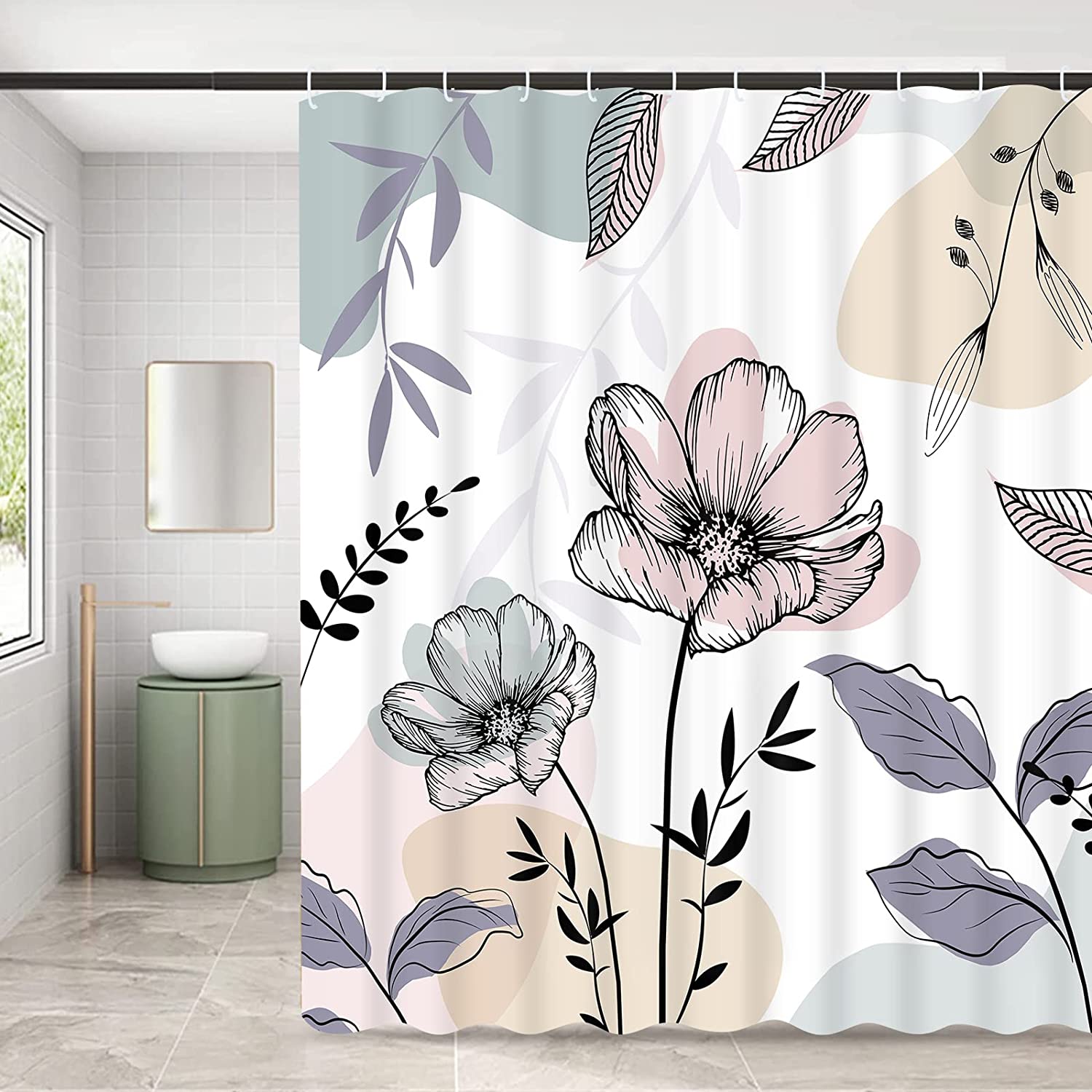 Minimalist Flower Abstract Shower Curtain With Mid Century Modern Design For Stylish Bathroom Decor - Image 3