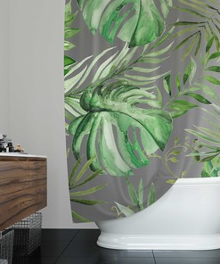 Minimalist Forest Green Jungle Boho Shower Curtain With Watercolor Leaf Print