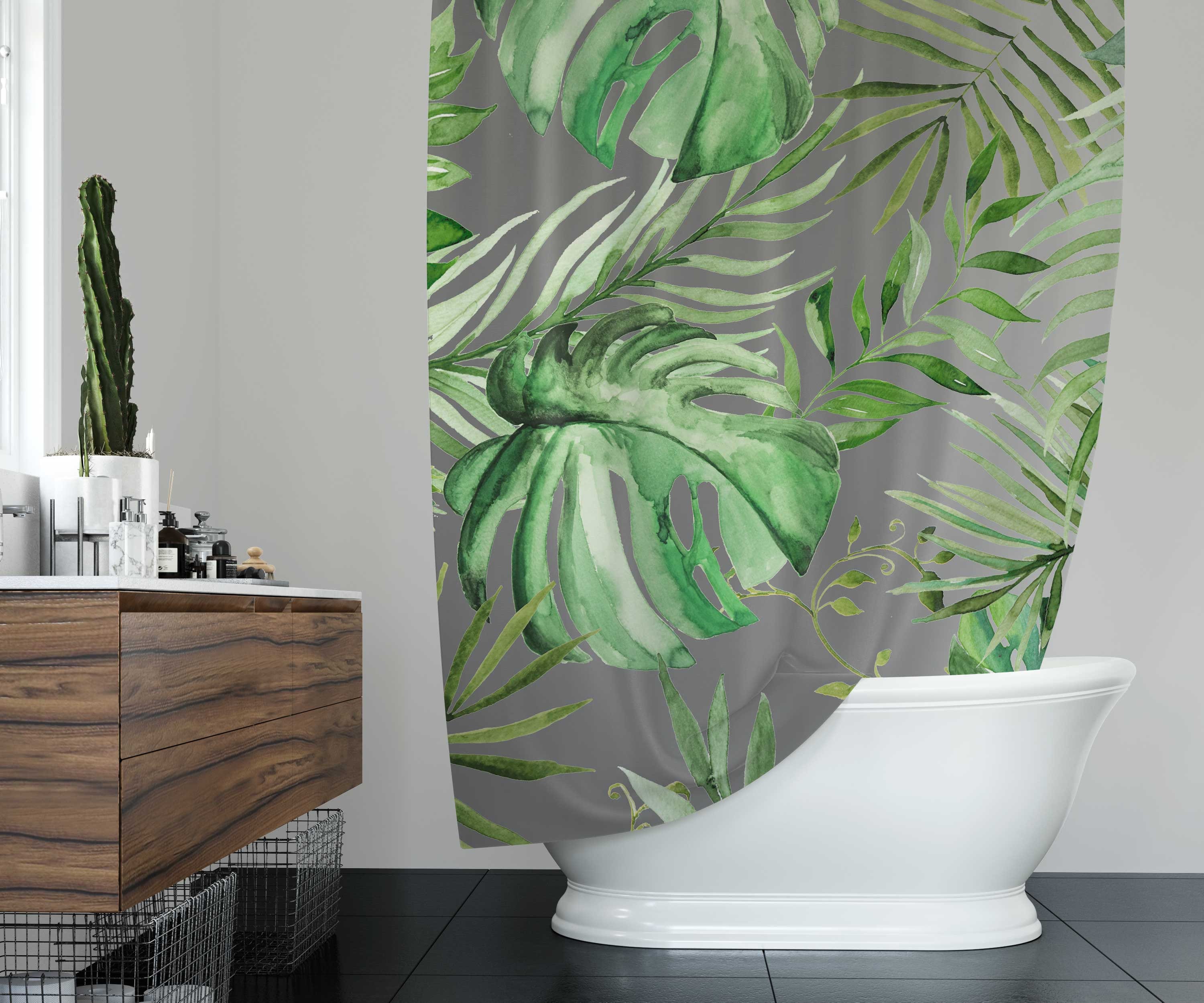Minimalist Forest Green Jungle Boho Shower Curtain With Watercolor Leaf Print