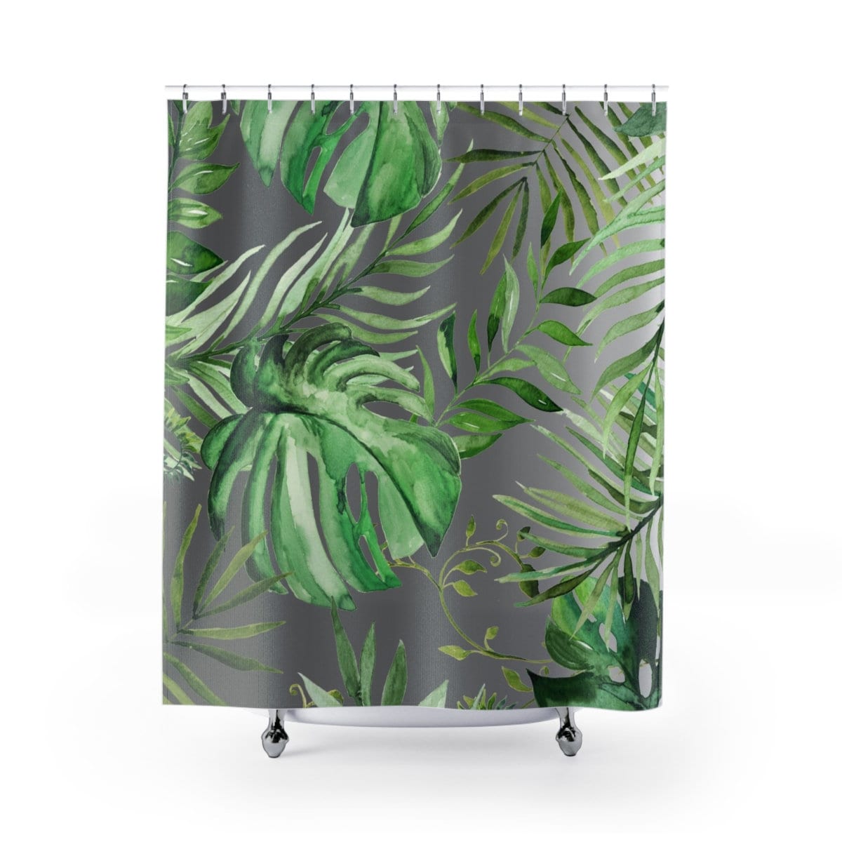 Minimalist Forest Green Jungle Boho Shower Curtain With Watercolor Leaf Print - Image 2