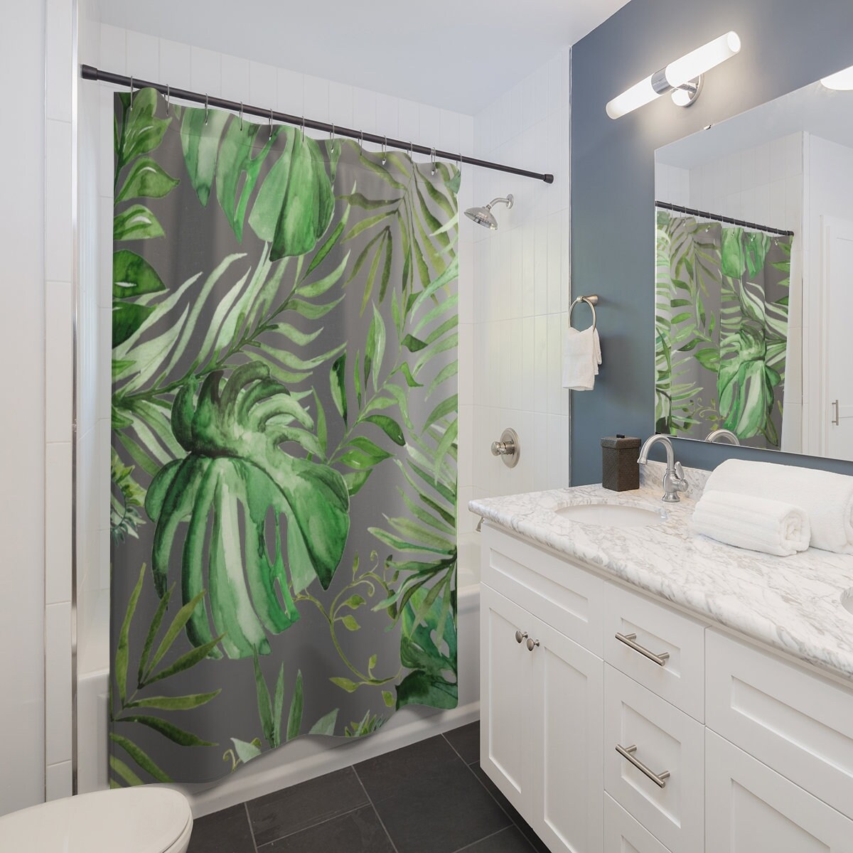 Minimalist Forest Green Jungle Boho Shower Curtain With Watercolor Leaf Print - Image 3