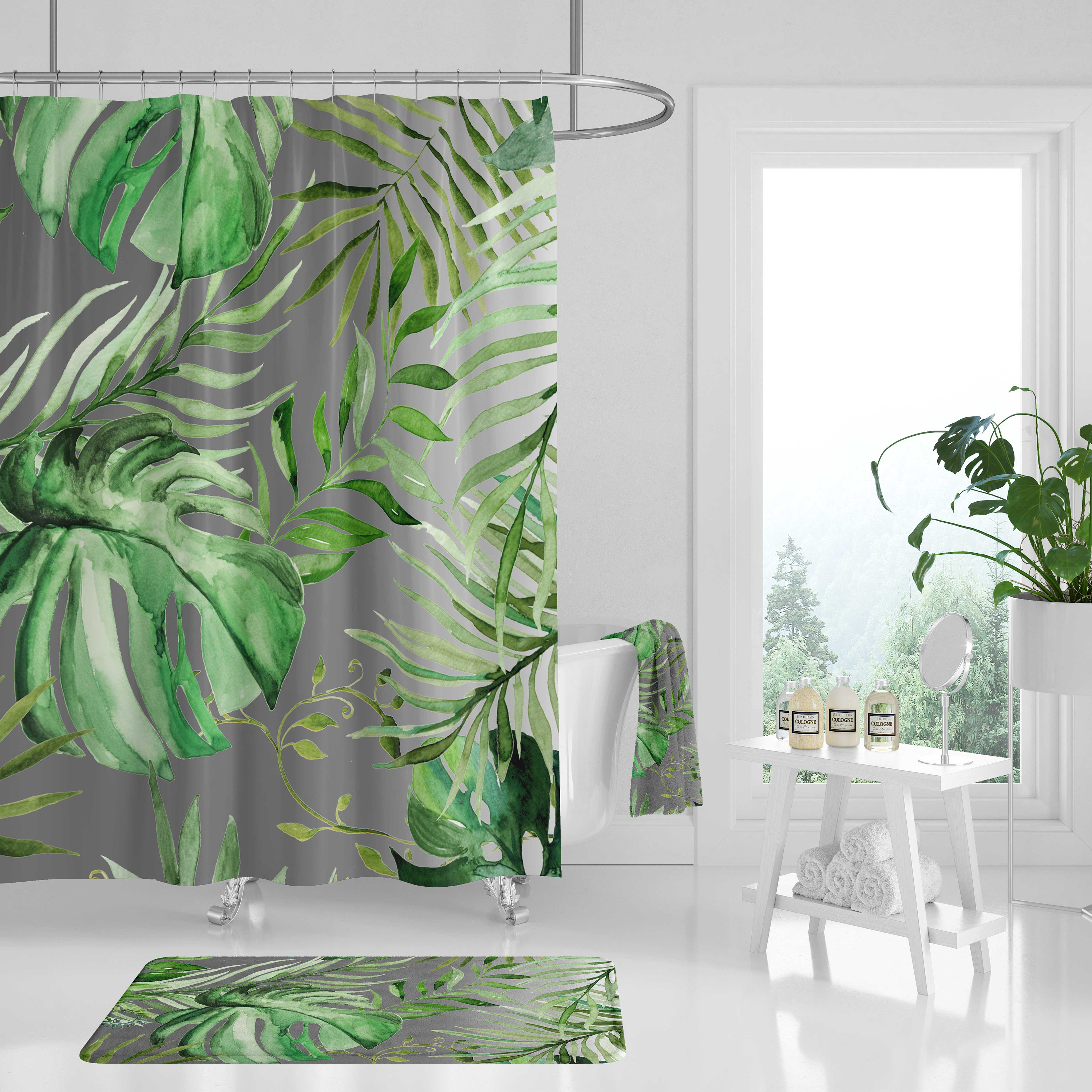 Minimalist Forest Green Jungle Boho Shower Curtain With Watercolor Leaf Print - Image 4