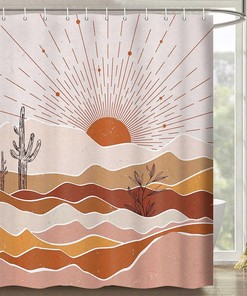 Minimalist Geometric Boho Shower Curtain with Abstract Mountain Sunset Leaf Leaves Mid Century Design