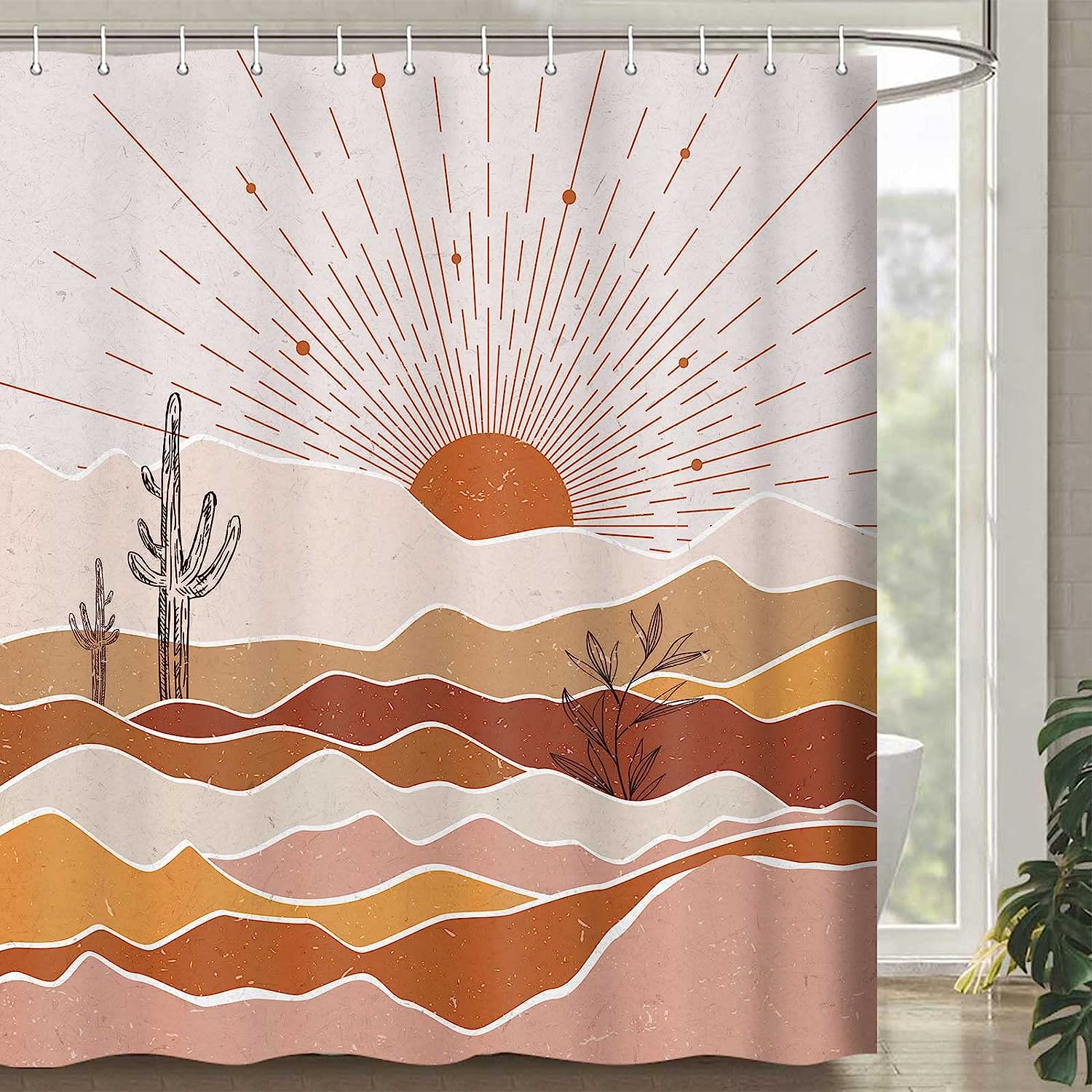 Minimalist Geometric Boho Shower Curtain with Abstract Mountain Sunset Leaf Leaves Mid Century Design