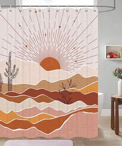 Minimalist Geometric Boho Shower Curtain with Abstract Mountain Sunset Leaf Leaves Mid Century Design