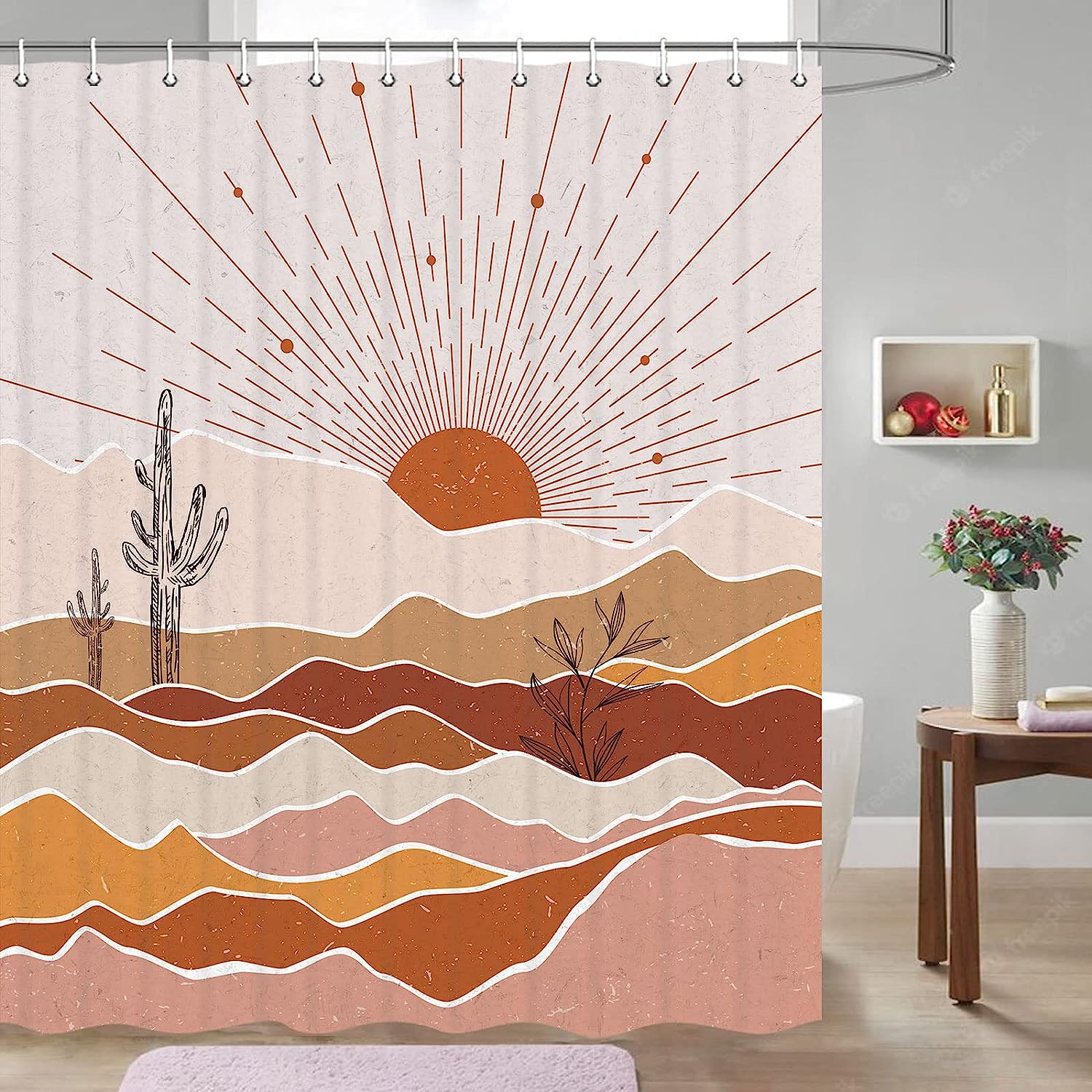 Minimalist Geometric Boho Shower Curtain with Abstract Mountain Sunset Leaf Leaves Mid Century Design