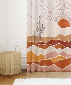 Minimalist Geometric Boho Shower Curtain with Abstract Mountain Sunset Leaf Leaves Mid Century Design
