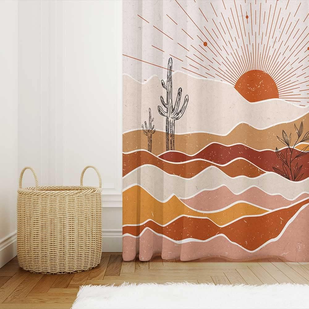 Minimalist Geometric Boho Shower Curtain with Abstract Mountain Sunset Leaf Leaves Mid Century Design