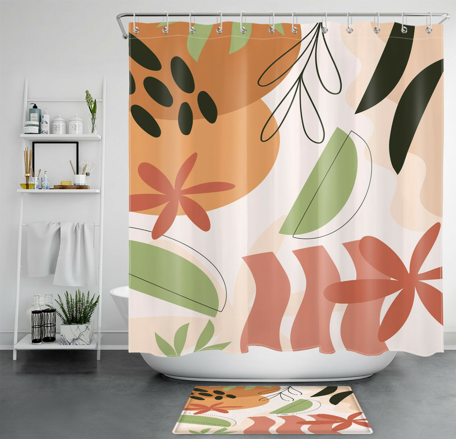 Minimalist Geometric Leaves Print Shower Curtain for Modern Abstract Bathroom Decor